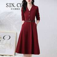 SIN.CYC女裝長(cháng)袖連衣裙女中長(cháng)款春季氣質(zhì)顯瘦貴夫人裙子 酒紅色 3XL 建議130-140斤左右