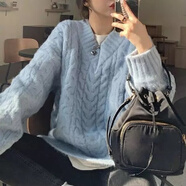 元樂申san韓國秋冬麻花毛衣女加厚V領寬松慵懶風中長款針織上衣 藍色(現(xiàn)貨) S