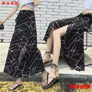蒂洛緹娜胖瘦都可穿一片式半身裙長(cháng)裙女夏系帶雪紡裹裙中長(cháng)款碎花沙灘裙 黑玻璃黑底亂紋 均碼