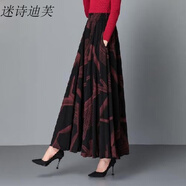 半身裙秋冬 中長款 毛呢印花時尚新款新款秋冬長裙中長款半身裙保暖高腰A字裙舞裙顯瘦大擺裙女裙 紅色 M
