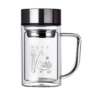 淵之源 雙層玻璃真空杯帶蓋過濾透明辦公水杯容量耐熱水瓶泡茶水茶杯子 380ml鋼平蓋帶柄 花色隨機發(fā)