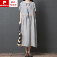 皮爾卡丹（pierre cardin）春夏2025新款時尚條紋短袖棉麻連衣裙文藝寬松顯瘦亞麻長裙女針織 淺灰 M 【100-120斤】