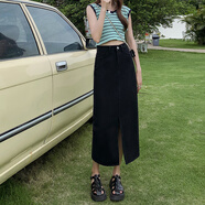 MELROSEMOOD牛仔半身裙女早春高腰包臀裙2025女裝新款復(fù)古a字中長款牛仔裙子 黑色 S