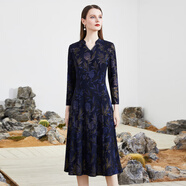 MY TENO春秋新款酒紅色V領(lǐng)提花長(cháng)款連衣裙禮服氣質(zhì)針織 藏青色 M