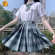 jk制服格裙全套女JK學(xué)生裙子夏季日系少女制服百褶裙短裙學(xué)院風(fēng)半身裙歐維沃 森林來信 短袖襯衫+格裙+領(lǐng)結(jié) M