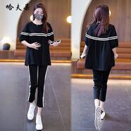 哈夫朵大碼女裝夏季新款韓版寬松t恤女時(shí)尚洋氣運(yùn)動(dòng)服胖人胖mm顯瘦女裝 1406黑褲+1832黑色上衣【套裝】 3XL 【建議150-170斤】