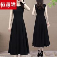 恒源祥仿真絲無(wú)袖雪紡長(cháng)款連衣裙女夏季2024新款媽媽氣質(zhì)洋氣高貴長(cháng)裙子 黑色 2XL (建議125-134斤)