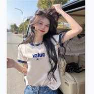 妃麗慕尚撞色正肩短袖t恤女夏季2025新款韓版洋氣印花寬松百搭上衣女裝潮 616-180白色 L
