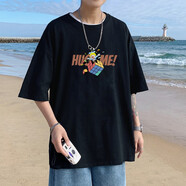大魚界線ins超火的上衣服男ulzzang情侶裝夏裝短袖t恤男潮流學(xué)生班服原宿港風(fēng)bf半袖體恤打底衫 黑色 L(120-135斤）