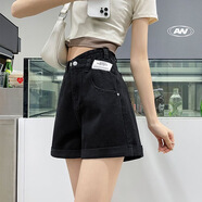 OLOEY高腰牛仔短褲女夏季薄款新款小個(gè)子女裝a字熱褲女士短褲 黑色 L 105-115斤