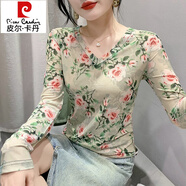 皮爾卡丹（pierre cardin）網(wǎng)紗扎染透氣打底衫女2025秋季歐貨修身洋氣減齡印花長(cháng)袖T恤上衣 9657# S 建議80-95斤