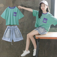 純貝兔童裝女童套裝夏裝短袖T恤短褲兩件套新款兒童裝洋氣韓版網(wǎng)紅中大童夏季12歲女孩條紋舒適潮流 藍色條紋套裝 140 建議身高135cm左右