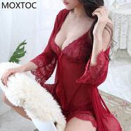 MOXTOC性感睡衣女士蕾絲兩件套網(wǎng)紗吊帶睡裙純欲家居服 酒紅 L （108-122斤）