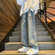 MR—90官方潮牌牛仔褲男女款日系休閑寬松直筒長(cháng)褲秋冬百搭顯瘦褲子男 牛仔藍（NE01） XL（建議130-150斤）