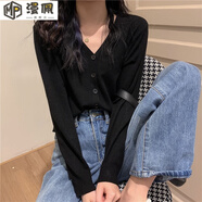 2022新款春秋針織開衫女韓版短款V領內搭長袖薄款毛衣外套外搭 黑色 S