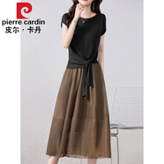 皮爾卡丹（pierre cardin）兩件套套裝連衣裙女夏季2023新款感法式收腰顯瘦高端歐根紗套裝裙 黑配咖啡 3XL
