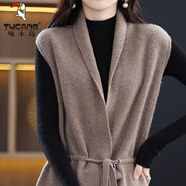 啄木鳥(niǎo)羊·毛衫針織馬甲女2025新款春秋抽繩外穿毛衣背心寬松外搭開(kāi)衫坎 駝色 (單馬甲) S 95-105斤