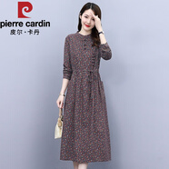 皮爾卡丹（pierre cardin）中長(cháng)裙碎花裙棉麻連衣裙2025春秋收腰長(cháng)袖媽媽氣質(zhì)顯瘦裙子a字裙 6137灰色 L (建議105-115斤)