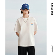 bosie【小花人系列】夏季新款短袖T恤男女情侶刺繡基礎(chǔ)簡(jiǎn)約圓領(lǐng)上衣 白色 XL