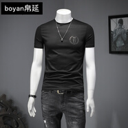 帛延（boyan） 絲光棉短袖T恤男夏季冰絲半袖純色簡約燙鉆體恤修身潮流大碼上衣 黑色 L 120-130斤