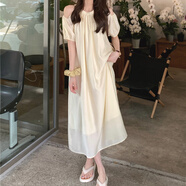 ECOZXM沙灘裙女海邊度假長(zhǎng)裙胖妹妹300斤大碼胖mm法式掛脖露肩連衣裙夏 杏色 3XL 建議190-240斤