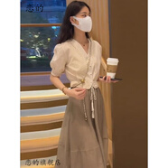戀的夏季套裝連衣裙新款2023女生裙子夏天學(xué)生法式氣質(zhì)韓版衣服中長(zhǎng)裙 上衣+半身裙子一套 均碼