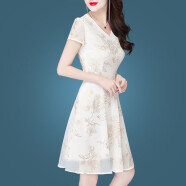 ZBRC 雪纺连衣裙夏新款冰丝洋气遮肚显瘦减龄时尚过膝短袖a字裙 白色玫瑰 XL（建议115-122斤）
