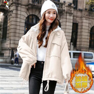 啄木鳥(niǎo)羊羔毛牛仔外套女冬季韓版棉衣加絨加厚工裝派克棉服大尺碼寬松 米白色 加棉 加厚 S