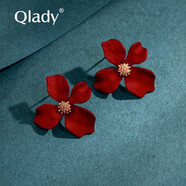 Qlady女士花朵耳環(huán)女時(shí)尚氣質(zhì)中國(guó)紅大氣紅色耳釘女韓版簡(jiǎn)約甜美925銀針耳飾品生日情人節(jié)禮物送女友 紅色
