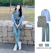韓璐嬌（hanlujiao）休閑褲女裝2024春裝新款女氣質(zhì)小香風(fēng)時(shí)尚牛仔褲小個(gè)子秋冬套裝女 灰色馬甲+藍色襯衫【兩件】 S