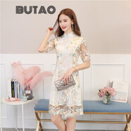 BUTAO女裝改良旗袍女連衣裙新款夏顯瘦中長復(fù)古蕾絲中國風(fēng)禮服 短/款-繡牡丹香檳 2XL