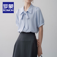 羅蒙（ROMON）夏短袖白襯衫女職業(yè)正裝雪紡衫設計感上衣教資教師面試襯衣 藍色 M 106-119斤