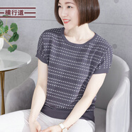 橫行道圓領(lǐng)條紋蝙蝠袖休閑寬松女裝短袖針織衫上衣打底夏裝新款 深灰 XL