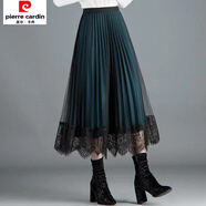 皮爾卡丹【兩面穿】半身裙秋冬季女新款大碼高腰蕾絲百褶裙中長(cháng)顯瘦網(wǎng)紗裙 孔雀綠(裙長(cháng)80cm) L 建議【120-140斤】