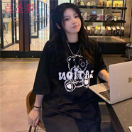 喜圣多大t恤女寬松長(zhǎng)款潮牌超肥特大碼夏裝短袖T恤女裝200-300斤胖mm 338#小熊字母-黑色 4XL 【245一300斤】
