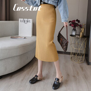 卡思彤（Cosstot）春秋加厚針織直筒包臀顯瘦外穿長(cháng)款半身裙高腰顯瘦不開(kāi)叉一步裙女 姜黃色【不開(kāi)叉】 M