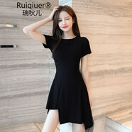 RUIQIUER女裝短袖赫本風連衣裙夏天純色不規(guī)則A字短裙子女夏季2025新款 黑色 S