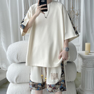 胖胖到家中國風(fēng)刺繡痞帥男裝一套裝夏季潮牌寬松休閑運(yùn)動(dòng)短袖短褲酷帥穿搭 米色 5xl 205-230斤