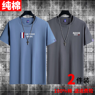 霧卡【純棉2件裝】短袖t恤男士T恤夏季大碼寬松中青年潮流純色打底衫 THE湖藍色+SE深灰色 2XL碼 建議150-165斤