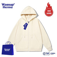 WASSUP HERMU官方潮流連帽衛(wèi)衣男春秋季運動休閑情侶套裝大碼外套潮牌長袖開衫 加絨加厚-杏色 M（建議90-110斤）