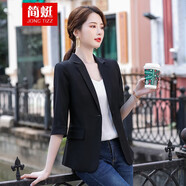 簡(jiǎn)蜓白色小西裝外套女春夏薄款七分袖百搭休閑小個(gè)子氣質(zhì)修身小西服潮 黑色外套 M（建議：90-100斤）