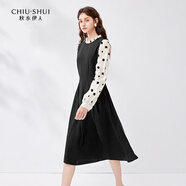 秋水伊人法式復古拼接長(cháng)袖連衣裙春秋新款女黑色顯瘦中長(cháng)裙 黑色 L