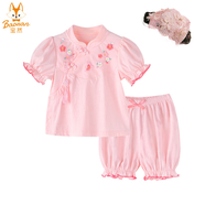 寶然寶寶漢服套裝夏裝女童周歲衣服嬰兒抓周禮公主童裝紅色拜年服3236 3236【粉套裝+ 假發(fā)頭飾】 90cm