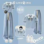 DOGHC女大童夏季套裝6-15歲初中高中學(xué)生18少女孩Polo領(lǐng)短袖T恤闊腿褲 8984藍Polo領(lǐng)T恤+藍闊腿褲 薄款 160 建議身高145-155厘米