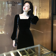YUUZYUUS品牌女裝法式長(cháng)袖連衣裙2025年春秋新款時(shí)尚百搭復古絲絨黑色裙子 黑色 M 建議95-108斤內