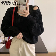 伊離姿韓版慵懶風露肩針織衫長袖個性毛衣女潮小心機鏤空設計感秋冬短款 黑色 S
