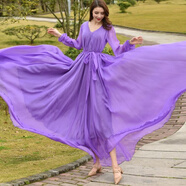 奈加圖（NAIJIATU）連衣裙雪紡超長(cháng)裙大擺春夏裙子氣質(zhì)海邊度假長(cháng)款及踝沙灘裙 紫色 L 身高172以上，80-200斤