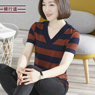 橫行道2024夏裝V領粗橫條紋休閑女裝寬松短袖上衣打底衫內搭半袖t恤 杏藍 M