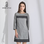名師路新品冬季氣質(zhì)簡(jiǎn)約圓領(lǐng)拼接直筒七分袖羊毛呢連衣裙女 灰色83 M