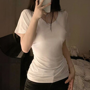 妙奕嘉短袖女修身正肩t恤新款夏季棉白色V領半袖純欲辣妹上衣顯瘦百搭 V領收腰短袖【白色】 S 【建議 80-95斤】
